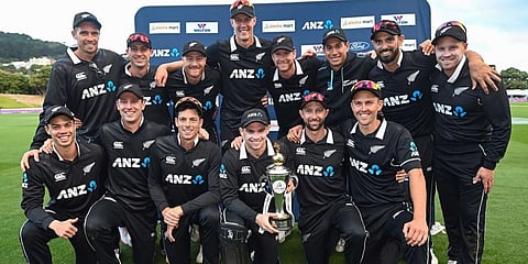 New Zealand cricket team with the trophy after whitewashing Bangladesh 3-0 in the ODI series. (Photo| Instagram/ @blackcapsnz)
