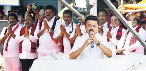 DMK president MK Stalin at a campaign rally in Tiruvannamalai on Thursday | Express