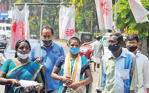 V Bhagyavathi, mother of the minor girls who were found dead in Walayar, during campaigning at Pinarayi Junction in Kannur on Friday