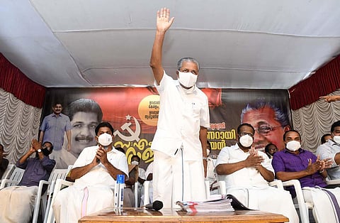 Chief Minister Pinarayi Vijayan at a meeting held as part of the election campaign of M Swaraj in Thripunithra, Kochi. (Photo | Albin Mathew, EPS)