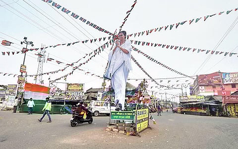 A larger than life cutout of Mamata Banerjee crops up at a chowk in Nandigram, from where she intends to contest this Assembly election. (File Photo | PTI)