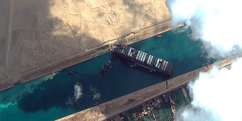 This satellite image from Maxar Technologies shows the cargo ship MV Ever Given stuck in the Suez Canal near Suez. (Photo| AP)
