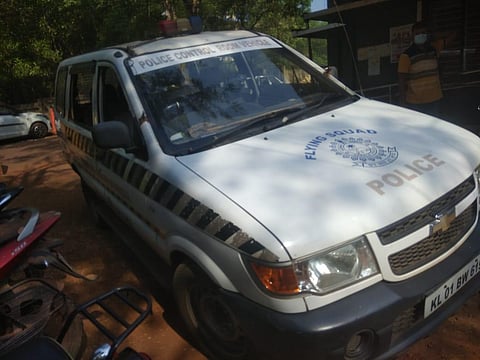 The police vehicle that was fired at by the gangsters (Photo | Special arrangement)