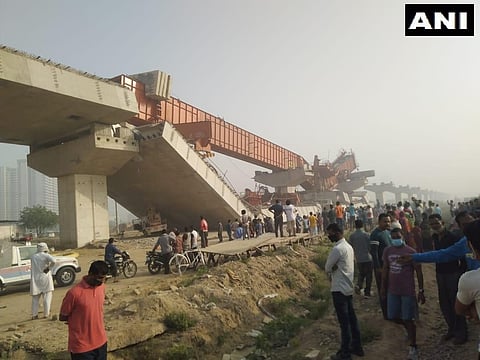 nder construction flyover on Gurugram-Dwarka Expressway near Daulatabad has collapsed. (Photo | Twitter)