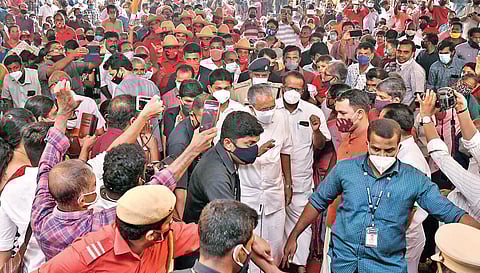 Chief Minister Pinarayi Vijayan at the election campaign of Tripunithura LDF candidate M Swaraj on Saturday | Albin Mathew
