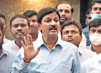 Former minister Ramesh Jarkiholi addresses the media outside his residence in Bengaluru on Saturday | Vinod Kumar T