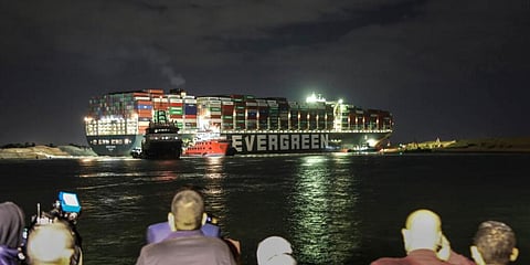 This satellite image from Maxar Technologies shows the cargo ship MV Ever Given stuck in the Suez Canal. (Photo | AP)