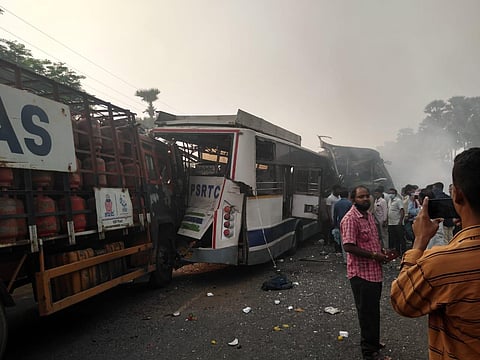 A gas cylinder-laden lorry coming from behind rammed into one of the buses. (Photo | Express)