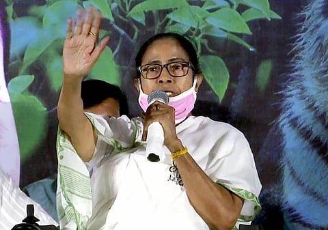 West Bengal Chief Minister Mamata Banerjee addresses during a public meeting, in Nandigram on Sunday. (Photo | ANI)