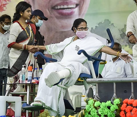 West Bengal Chief Minister Mamata Banerjee along with TMC candidate from Rajerhat Aditi Munshi during election campaign, in Nandigram. (Photo | PTI)