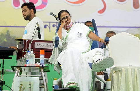 West Bengal Chief Minister Mamata Banerjee addresses during a public meeting, in Nandigram. (Photo| ANI)