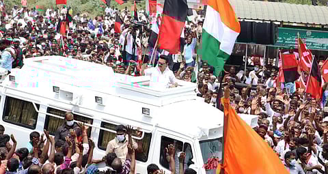 DMK chief MK Stalin campaigned at Jolarpet in Tirupathur district on Monday (Photo: S Dinesh)
