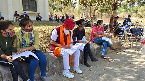 MLA Phool Singh Meena outside the examination centre (Photo | Manu Rao )