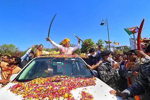 BJP National President Jagat Prakash Nadda being welcomed by party workers on his arrival in Jaipur Tuesday March 2 2021. (Photo | PTI)