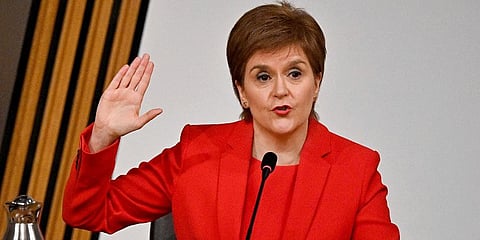 Scottish First Minister Nicola Sturgeon takes the oath before giving evidence to the Committee on the Scottish Government Handling of Harassment Complaints, at Holyrood in Edinburgh. (Photo | AP)