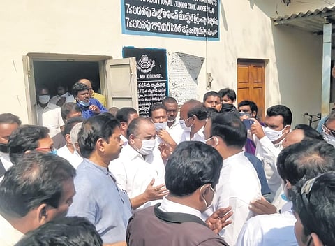 Mudragada Padmanabham attended the hearing on Tuni arson case at Railway court in Vijayawada on Tuesday I Express