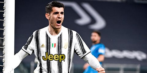 Juventus' Alvaro Morata celebrates after scoring during the Italian Serie A match against Spezia. (Photo | AP)