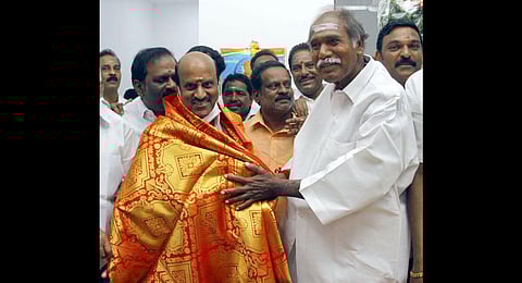 Former Raj Bhavan MLA K Lakshminarayanan joins NR Congress in presence of party founder President N Rangasamy on Wednesday. (Photo | Express)