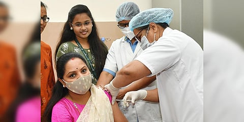 TRS MLC K Kavitha gets vaccinated in Hyderabad on Monday. (Photo| Twitter/ @RaoKavitha)