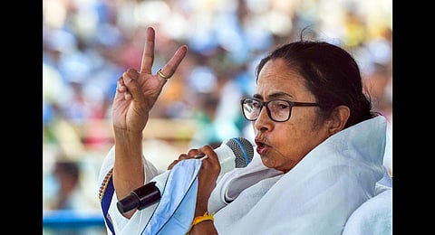 West Bengal Chief Minister Mamata Banerjee addresses a public meeting, in West Medinipur. (Photo | PTI)