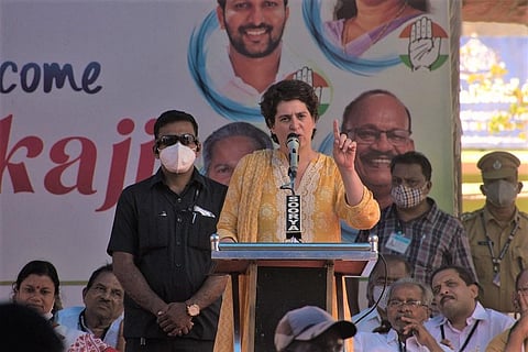 Congress leader Priyanka Gandhi addressing a public rally in Kollam district ahead of Kerala Assembly elections 2021. (Photo | Ashitha Jayaprakash, Online Desk)
