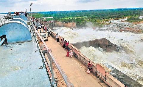 Water gushes out of the Nizamsagar project after nine of its gates were opened, and 45,000 cusecs of water was released downstream