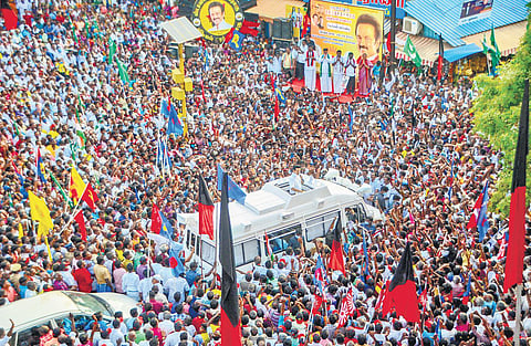 DMK president MK Stalin campaigning amidst a gathering of party cadre and people at Alangulam in Tenkasi district on Tuesday | V karthikalagu