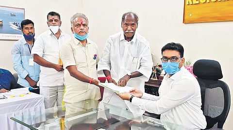 NR Congress leader N Rangasamy filing nomination at Yanam constituency in Puducherry Union Territory on Wednesday. (Photo | G Pattabi Raman)