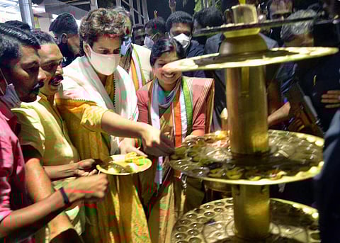 Congress leader Priyanka Gandhi lights the lamp at the Attukal Bhagavathy temple in T’Puram on Tuesday | Vincent Pulickal