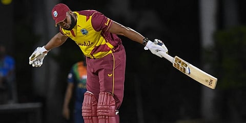 Name: Keiron Pollard (West Indies) Against: Akila Dananjaya of Sri Lanka during an T20I match at Antigua. Year: 2021 (Photo | AFP)