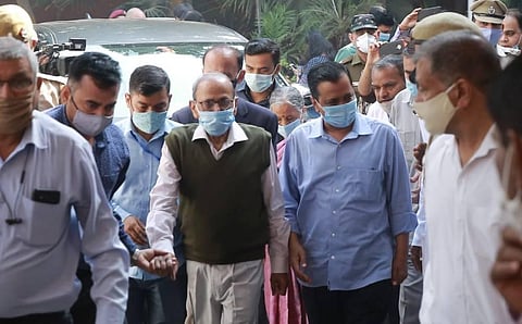Delhi Chief Minister Arvind Kejriwal with his family members arrived to take COVID-19 vaccine at LNJP Hospital in New Delhi on Thursday. (Photo | Shekhar Yadav/EPS)