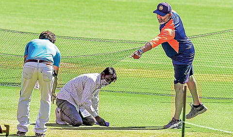 India’s bowling coach Bharat Arun takes a look at the pitch in Ahmedabad | BCCI