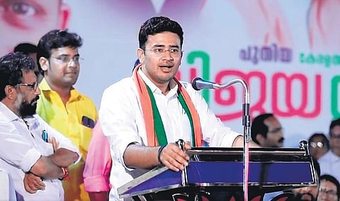 Tejasvi Surya, national president of Bharatiya Janata Yuva Morcha, addressing Vijaya Yatra in Chengannur on Wednesday