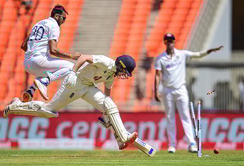 England batsman Ollie Pope runs to avoid his dismissal during first day s play. (Photo | PTI)