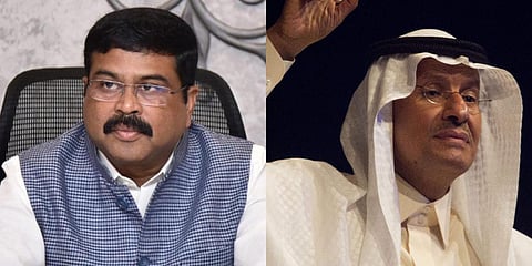 Petroleum minister Dharmendra Pradhan (L) and Saudi energy minister Prince Abdulaziz bin Salman (File photo| AP)