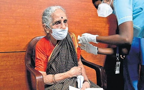 A senior citizen gets a Covid-19 jab during the third phase of vaccination at Sagar Apollo Hospital in Bengaluru on Thursday