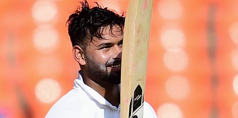 Rishabh Pant celebrates his century during the second day of the fouth Test match between India and England at the Narendra Modi Stadium in Ahmedabad. (Photo | PTI)