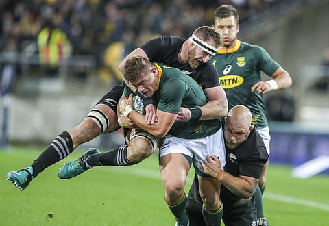 South Africa's Malcolm Marx is tackled by New Zealand's Kieran Read and Owen Franks, during a Rugby Championship Match between South Africa and New Zealand in Wellington, New Zealand. (File | AP)