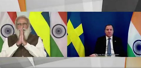 PM Modi addressing the Virtual Summit with Swedish PM Stefan Lofven. (Photo | Twitter)