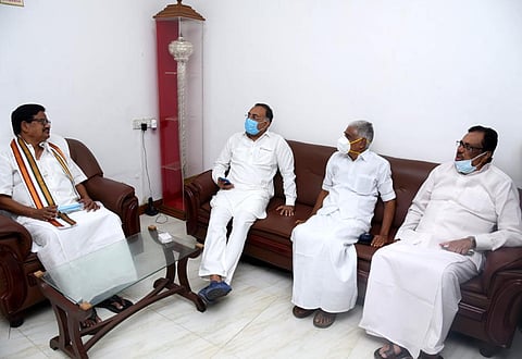 KS Alagiri, president of Tamil Nadu Congress, and Dinesh Gundu Rao, Congress state in-charge, held talks about seat sharing at Sathyamoorthy Bhavan in Chennai on Friday (Express Photo | R Satish Babu)