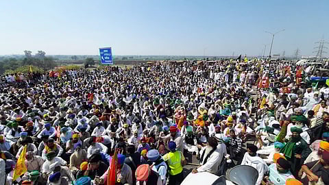 Farmers block Western Peripheral Expressway during their protest against Central Govt's Farm Laws in Kundli, Sonipat Expressway, Haryana on Saturday. (Photo | EPS/Shekhar Yadav)