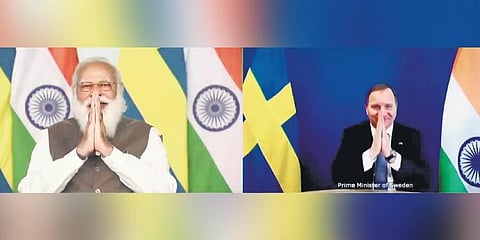 PM Narendra Modi greets his Swedish counterpart Stefan Lofven at the start of the online bilateral summit on Friday | PTI