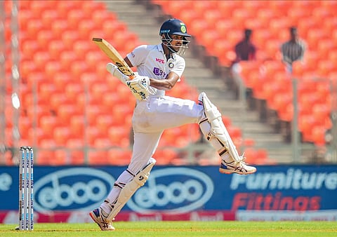 W Sundar plays a shot during the third day of the 4th and last cricket test match between India and England. (Photo | PTI)