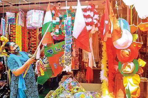 Assembly elections are still a month away, but shops arealready getting ready for poll business. A scene fromMather Bazar in Kochi on Friday | A Sanesh