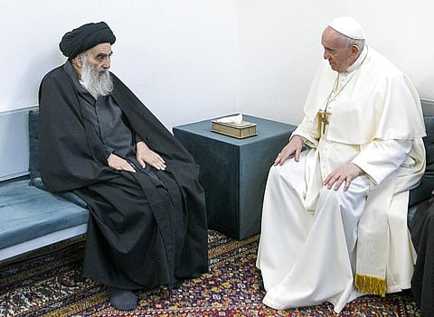 Pope Francis, right, meets with Iraq's leading Shiite cleric, Grand Ayatollah Ali al-Sistani in Najaf, Iraq. (Photo| AP)