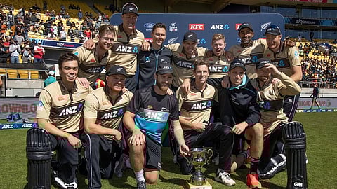 New Zealand players celebrate winning the T20 series against Australia three years ago.