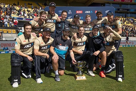 New Zealand players celebrate winning the T20 series against Australia. (Photo | AFP)