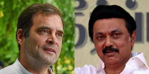 Congress leader Rahul Gandhi and DMK president MK Stalin. (Photos | PTI (L) and EPS (R))