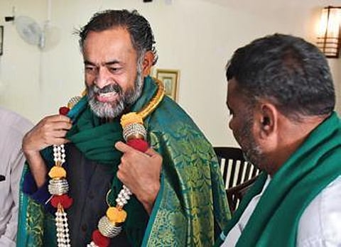 Swaraj India president Yogendra Yadav attends a press conference, in Bengaluru on Sunday. (Photo | Shriram BN, EPS)