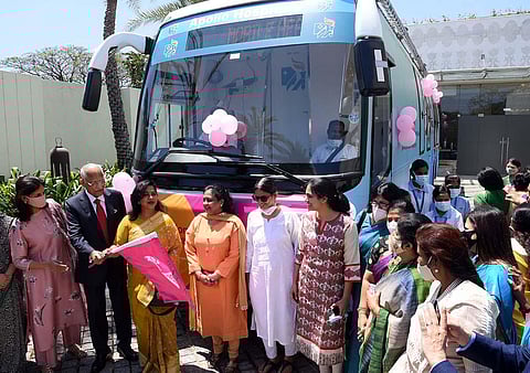 Preetha Reddy, Vice Chairperson, Prathap C Reddy, Founder Chairman, Apollo Hospitals Group, Actor Radhikaa, at the launch of breast cancer awareness campaign in Chennai. (Photo | R Satish Babu, EPS)